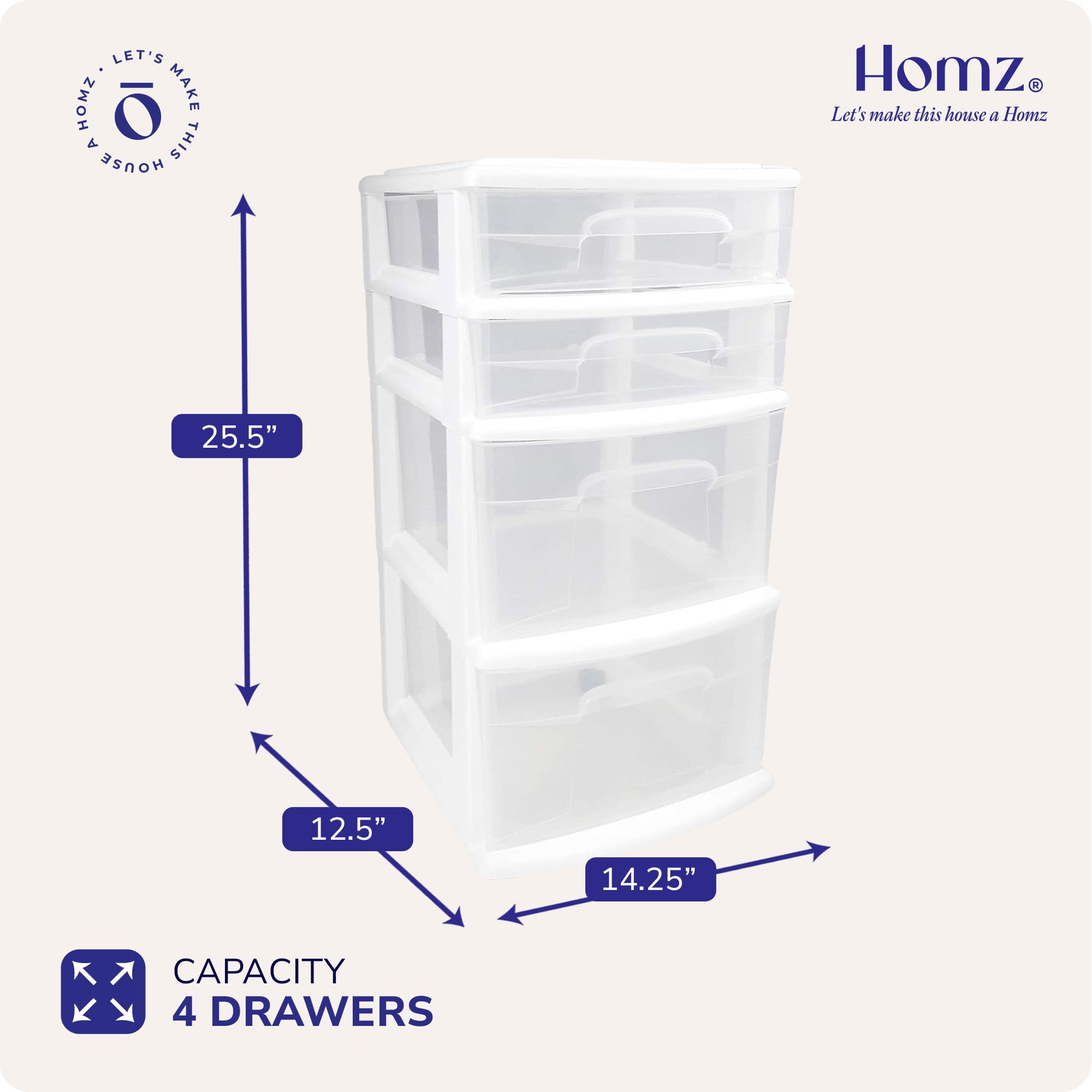 HOMZ Cassettiera A Torre 4 Cassetti In Plastica Trasparente Con Ruote: Organizer Per Bagno, Camera Da Letto, Ufficio, Scuola - Struttura Nera