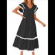 thumbnail image 2 of Vestido Midi Informal de Verano 2025 para Mujer, con Escote en V, Corta, Volantes, Corte A, . Negro XL, 2 of 10