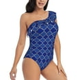 thumbnail image 3 of Haiem Blue Gold Grid Lantern Shapes Women's One Piece Swimsuits Tummy Control One Shoulder Bathing Suits Ruffle Swimwear-Large, 3 of 8