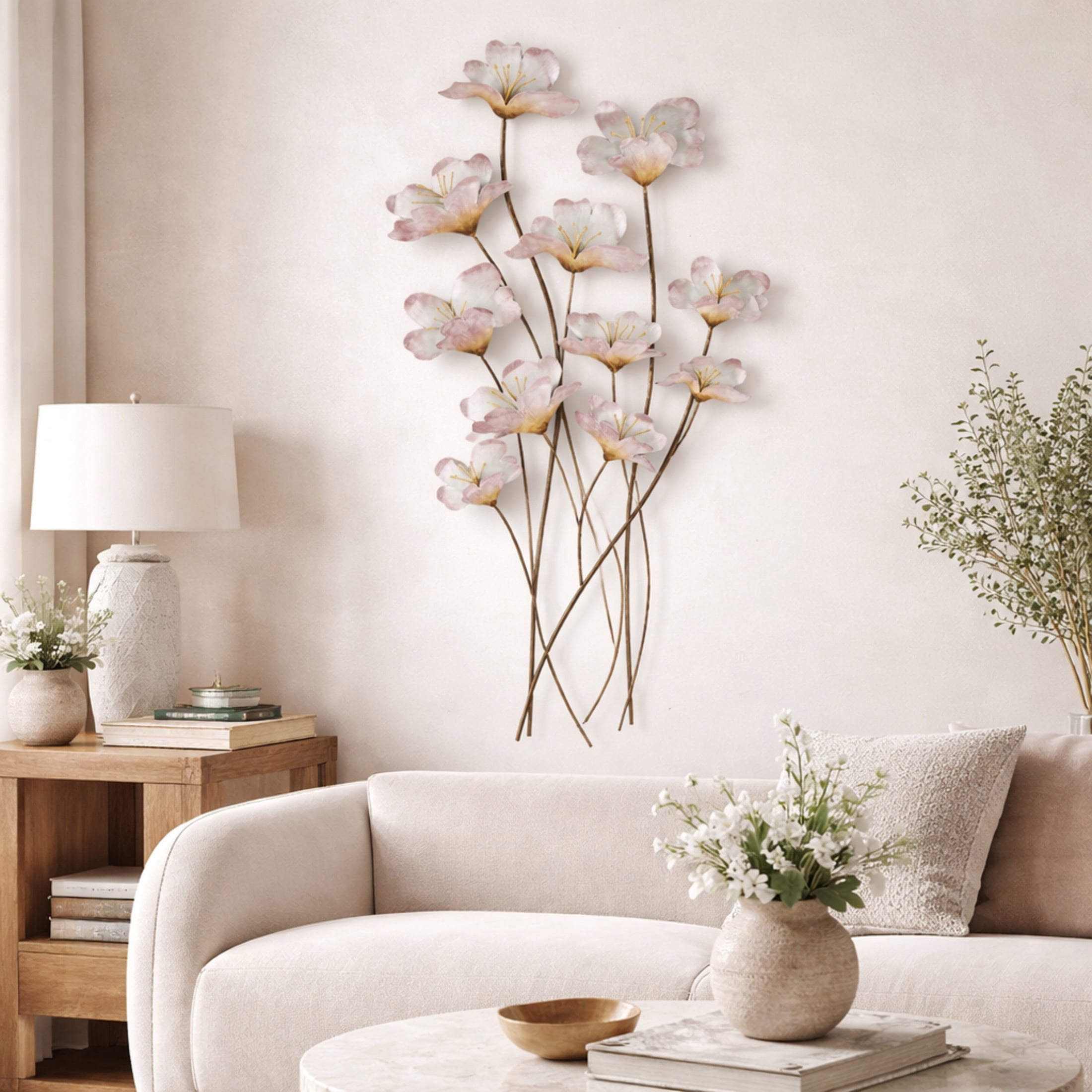 DecMode Pink Metal Floral Wall Decor with Copper Stems