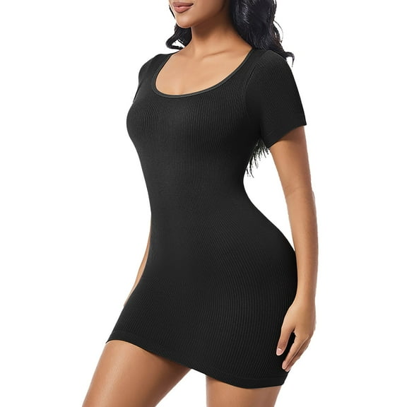 ZQUUVOU Women's Plus Size Bodycon Dress Jumpsuit Tummy Control Shorts Romper Solid Sleeveless Shapewear Casual Sporty Dress Black