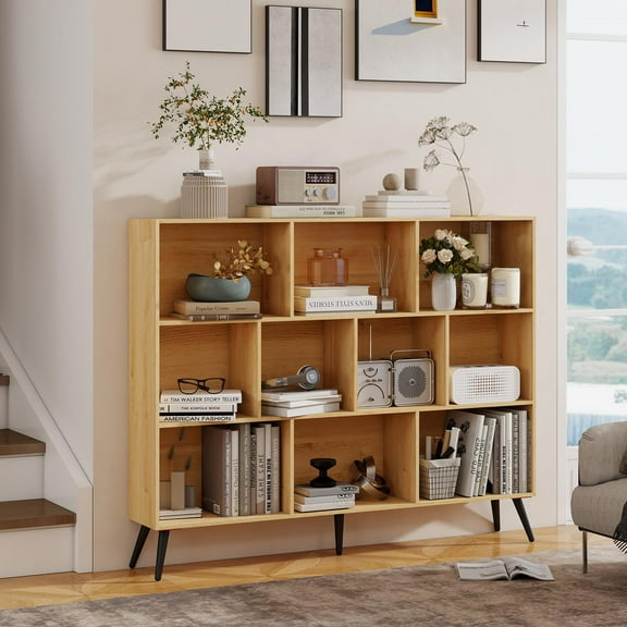 Wooden 3-Tier Open Shelf Bookcase, 10 Cubes Bookshelf, Freestanding Book Shelf Storage Organizer with 5 Iron Legs for Home Office, Living Room, Bedroom