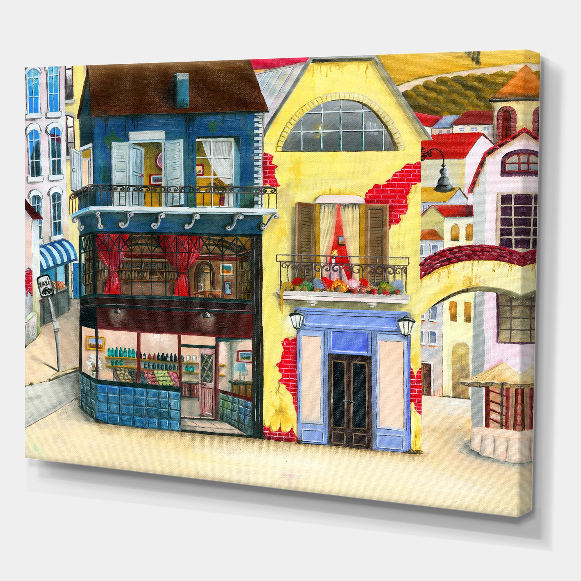 Designart ' The Colorful Facade of The Buildings In A Cozy Streets ' French Country Canvas Wall Art Print