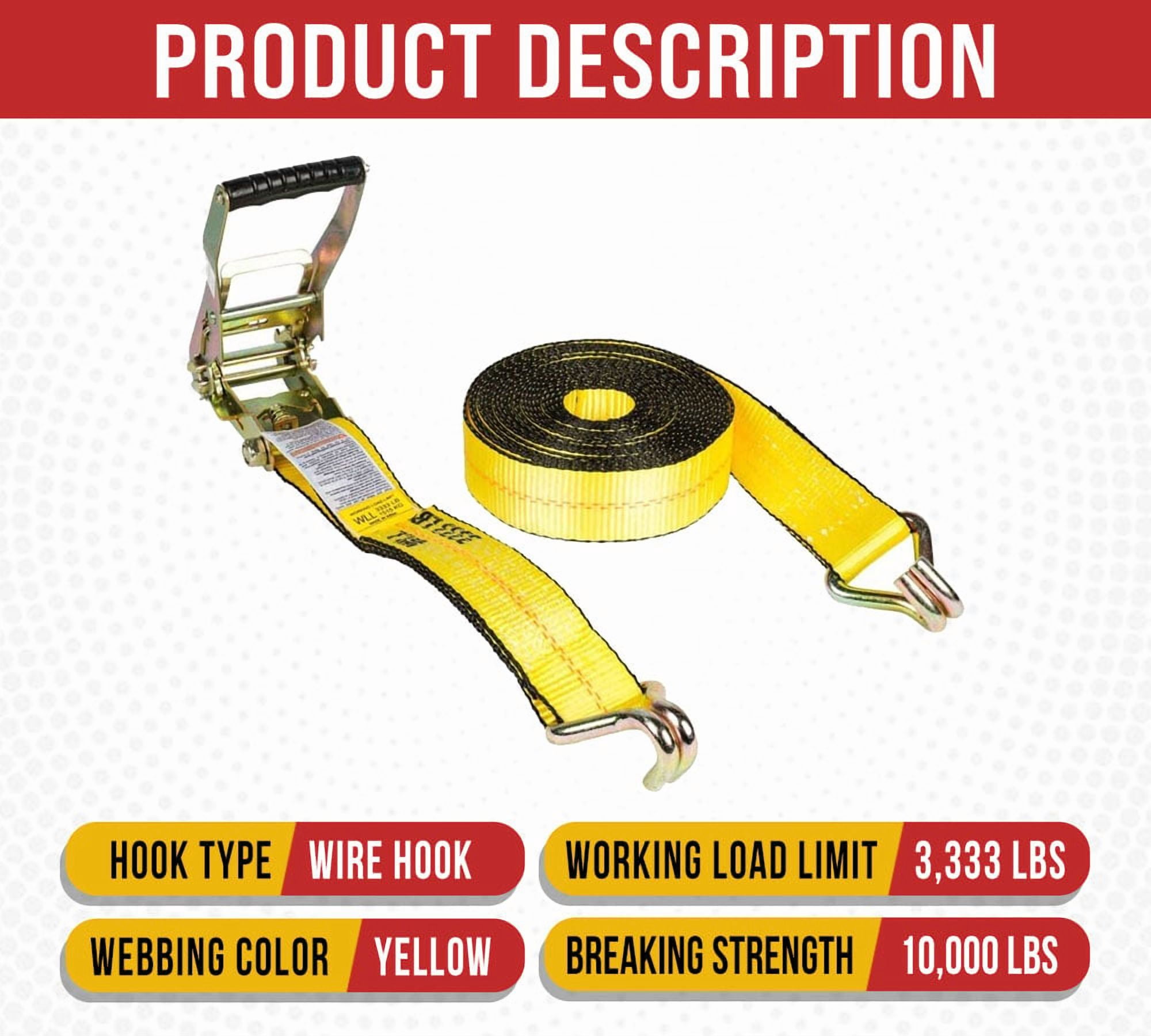 (4 Pack) 2 Inch x 30 FT Yellow Ratchet Strap with J Hooks - 10,000 Lbs Breaking Strength - Heavy Duty Tie Down Cargo Truck Straps with Wire Hooks for Flatbed, Truck, Trailers Pickup