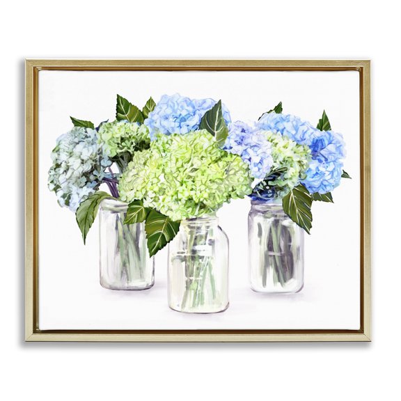 Stupell Industries Farmhouse Varied Floral Hydrangea Jars Gold Floating Frame Canvas Art, 21 x 17, by Ziwei Li