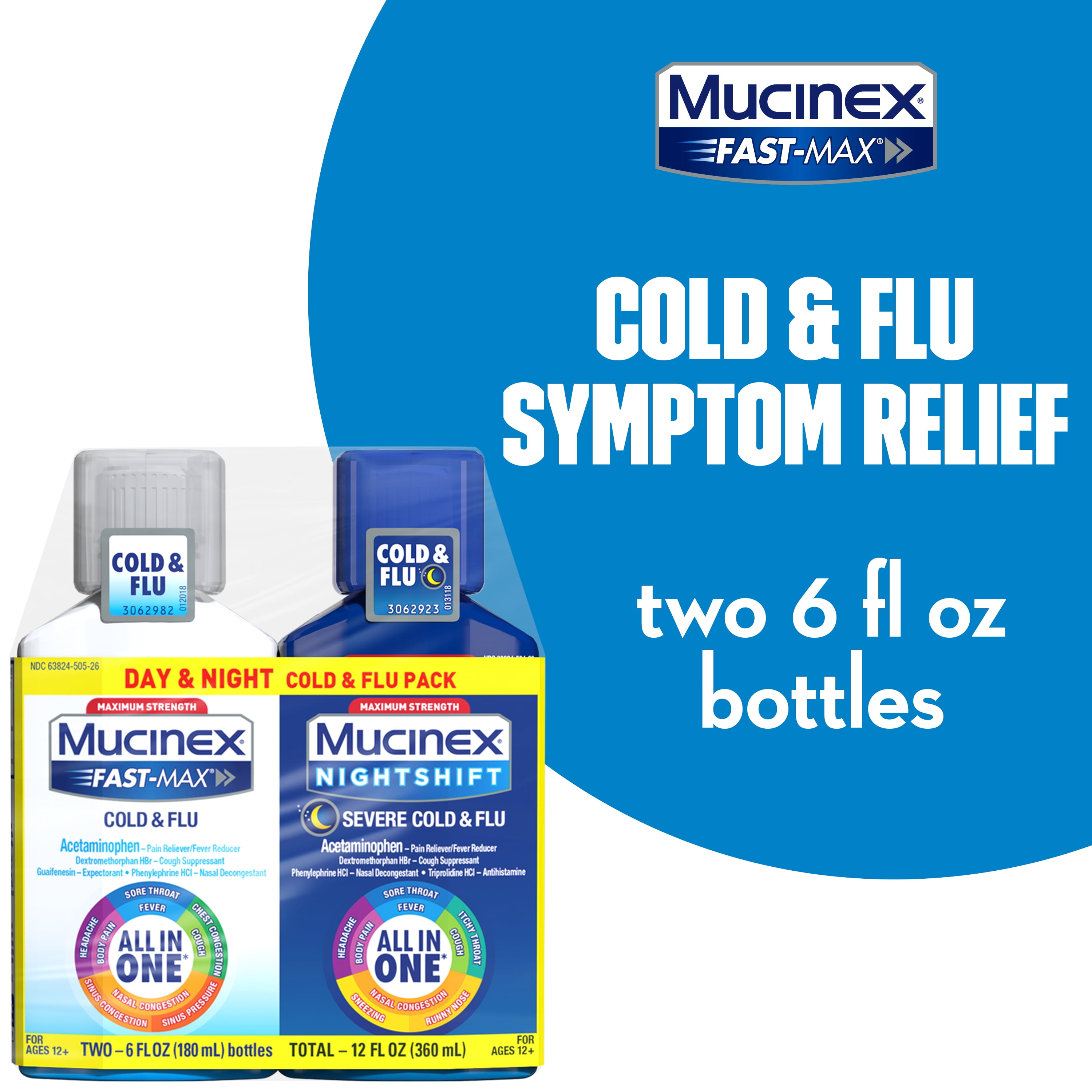 Mucinex Fast-Max Cold & Flu Medicine and Nightshift Severe Cold & Flu All-in-One Multi Symptom Relief Nighttime Medication, Maximum Strength,  Liquid - 2 x 6 fl oz