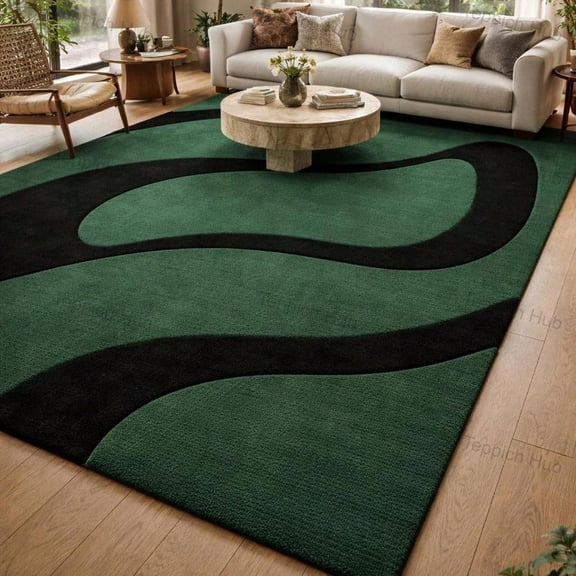 [Room Decor Rug]Carpet Sage Green Black Abstract Rug Modern Organic Wa