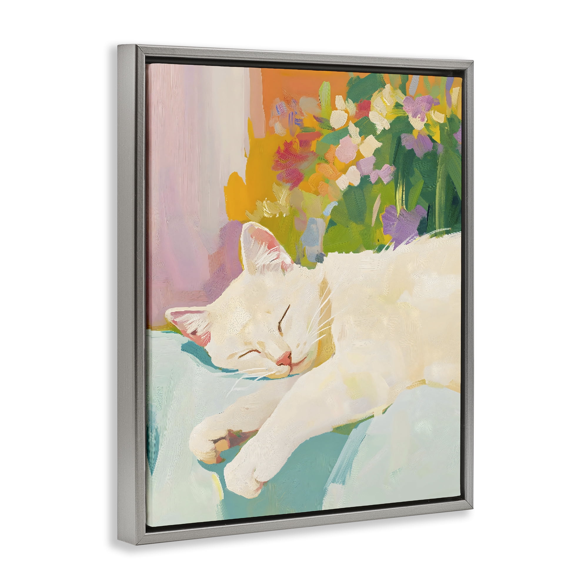 Stupell Industries Sleeping Cat with Flowers Gray Framed Floater Canvas Wall Art, design by The Prints Vibe