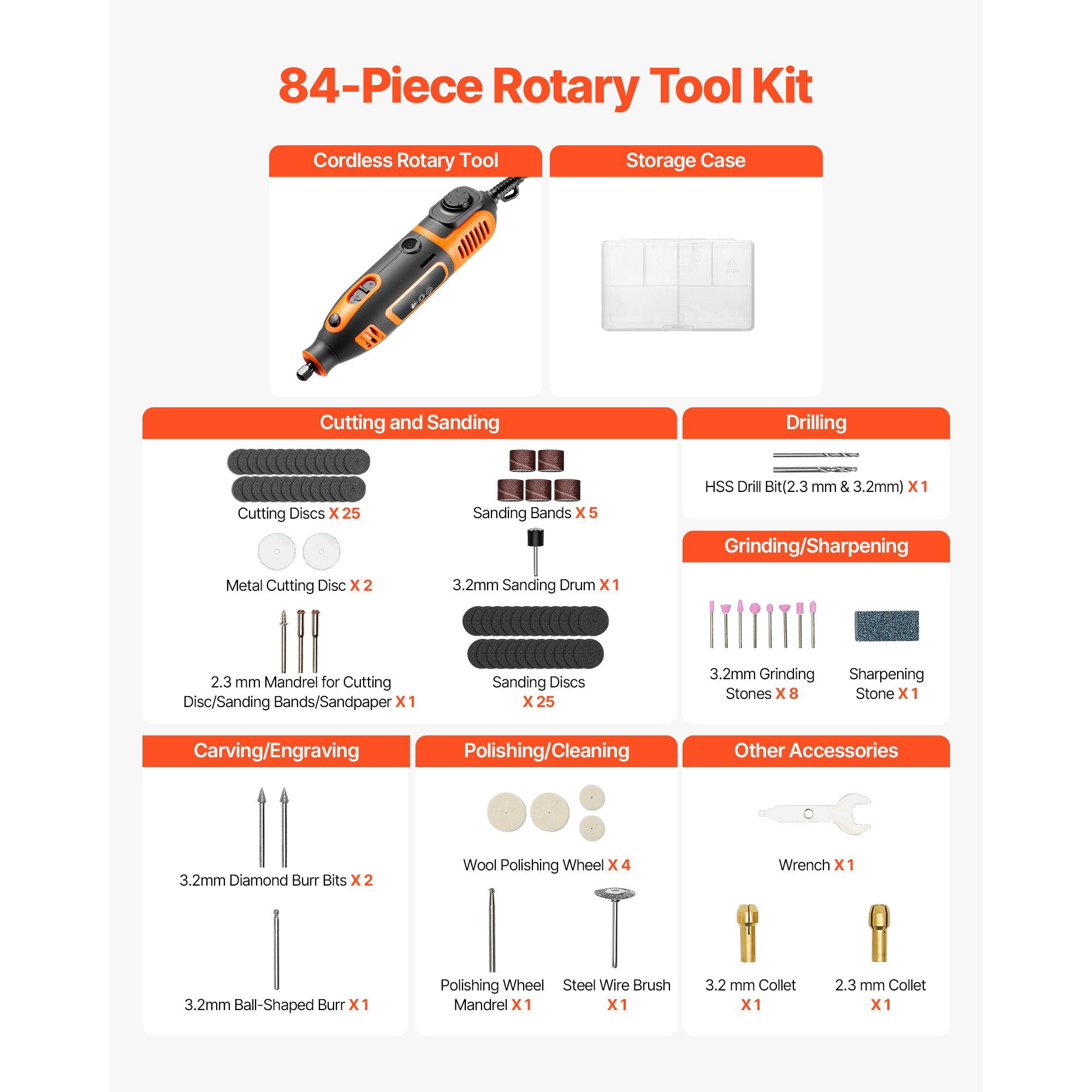 Rotary Tool Kit 84-Piece, 200W with 6 Variable Speeds 8000-40000 RPM, 2.3mm and 3.2mm Collets, Lightweight Ergonomic Design for DIY Cutting Sanding Drilling