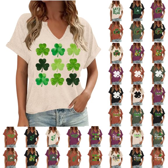 ShiShine St Patricks Day T Shirt for Women V Neck Short Sleeve Loose Fit Casual Top with Holiday Print