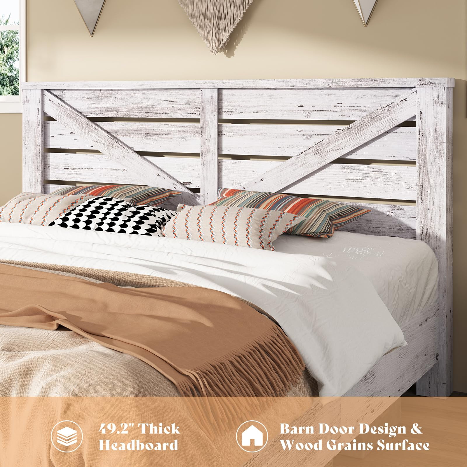 Papajet Queen Size Farmhouse Bed Frame with Barn Door Headboard, Wood Slats and Storage Space, White