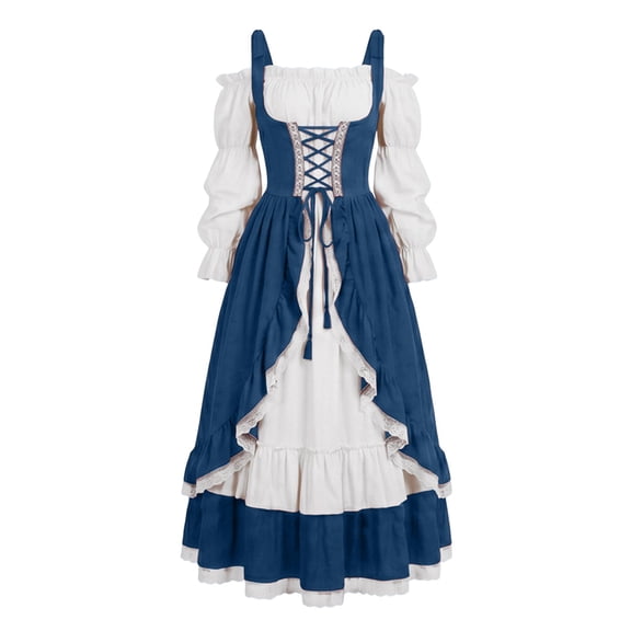 LEKWK Renaissance Dress Women Off Shoulder Lace-Up Corset Dress Vintage Ruffled Lace Trim Medieval Dress for Halloween Cosplay Theme Party