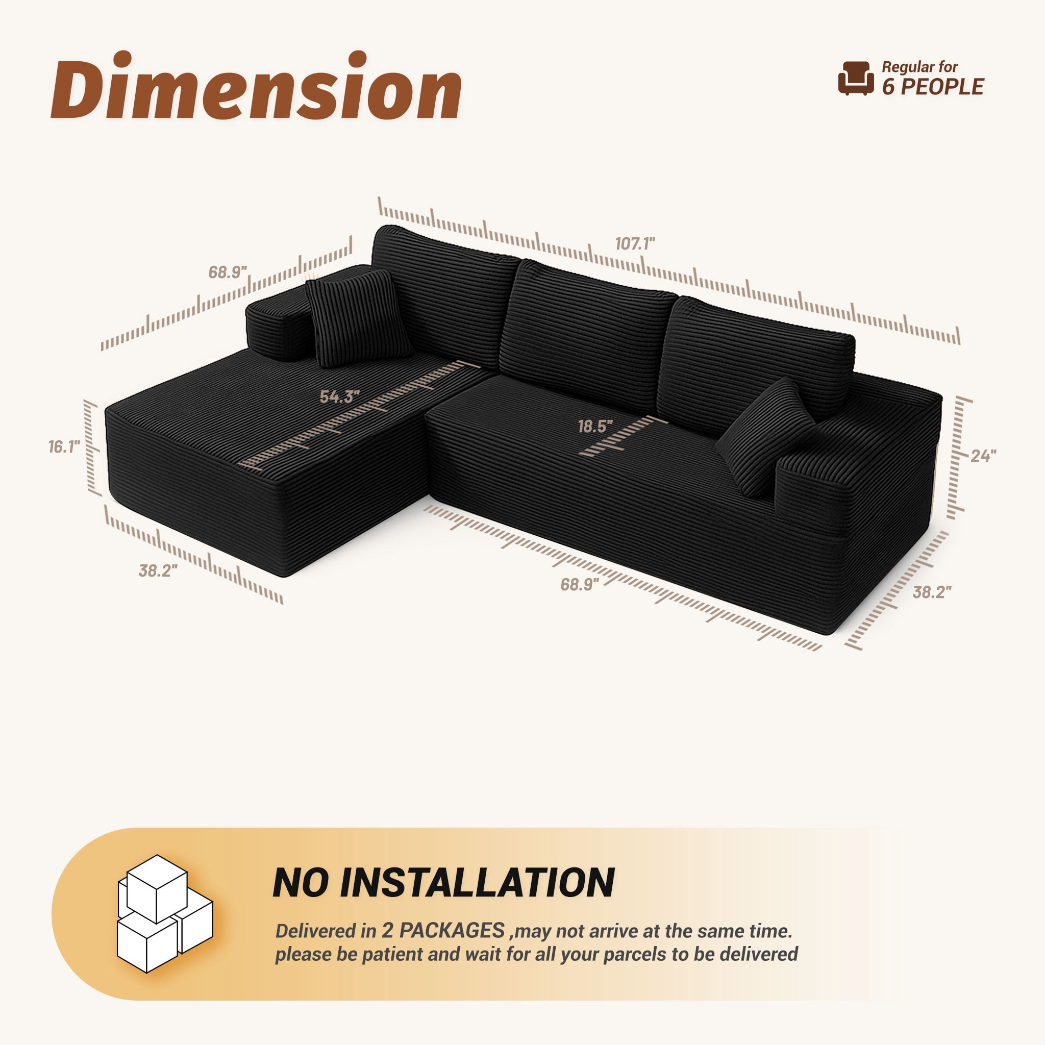 BIGSYY 107" L-Shape Left Corduroy Modular Sofa for Adults, Boneless, Deep Seat, No Assembly, Black (2 Packages)