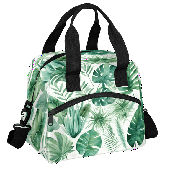 Herdesigns Green Leaves Insulated Lunch Bag for Women Men Adults Large Reusable Lunch Box Green Palm Monstera Leaf Leakproof Cooler Tote Bags with Adjustable Shoulder Strap