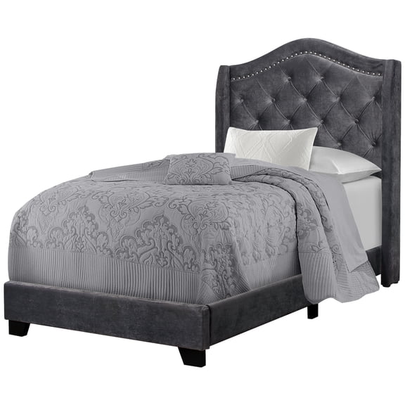 Monarch Specialties Bed - Twin Size, Dark Grey Velvet With Chrome Trim