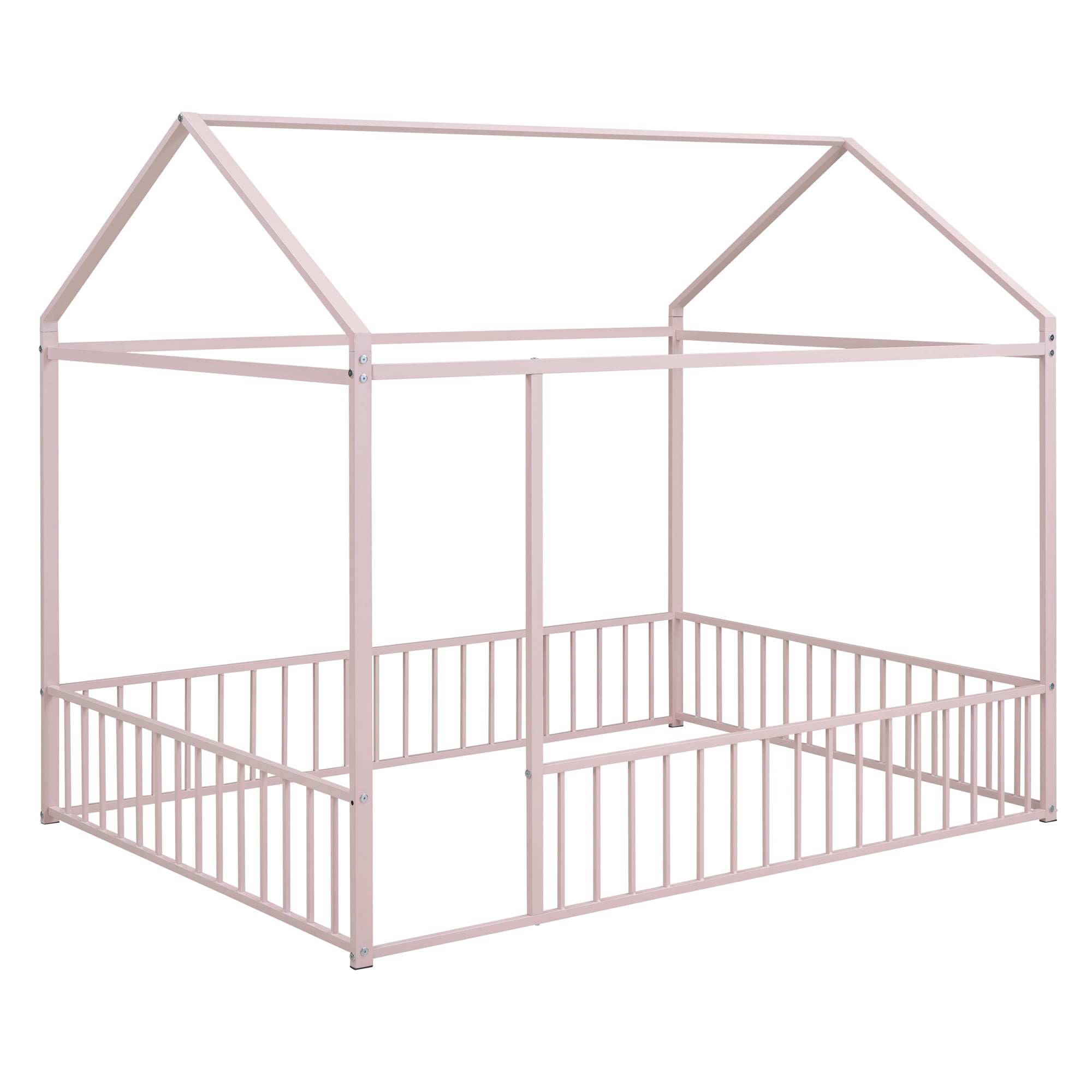 Aukfa Metal House Bed, Full Size Platform Bed with Fence for Kids - Pink