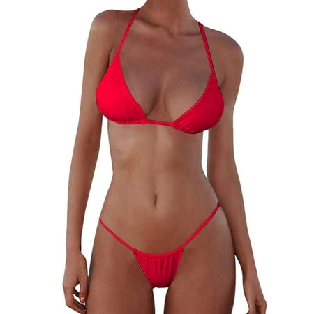 Gubotare Women Micro Bikini 2 Piece Swimsuit Mini Thong Set Bathing Suit Swimwear Red L