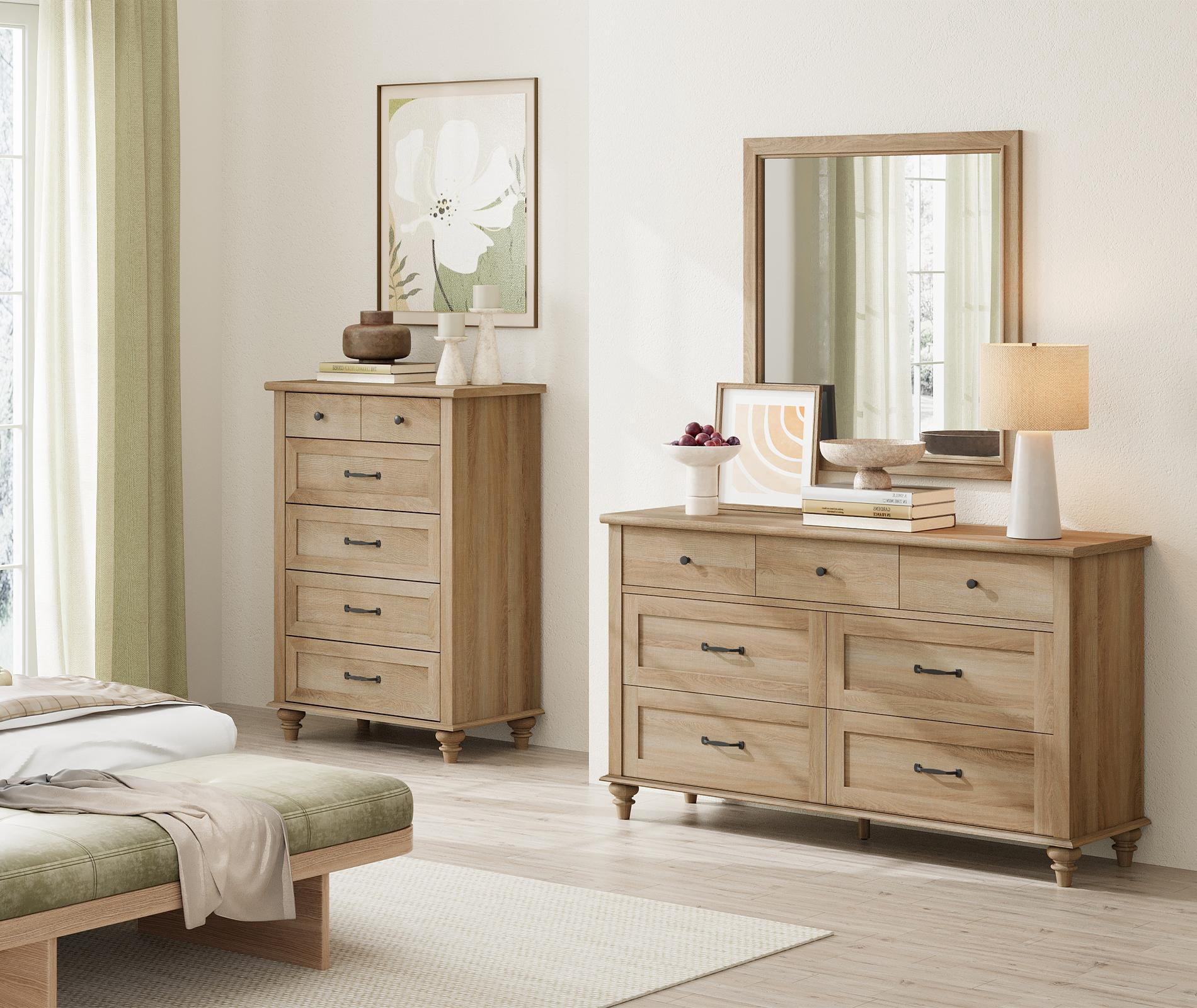 2 Piece Dresser Set, 7 Drawer Dresser & 5 Drawer Dresser, Wooden Storage Organizer for Bedroom Living Room, Oak