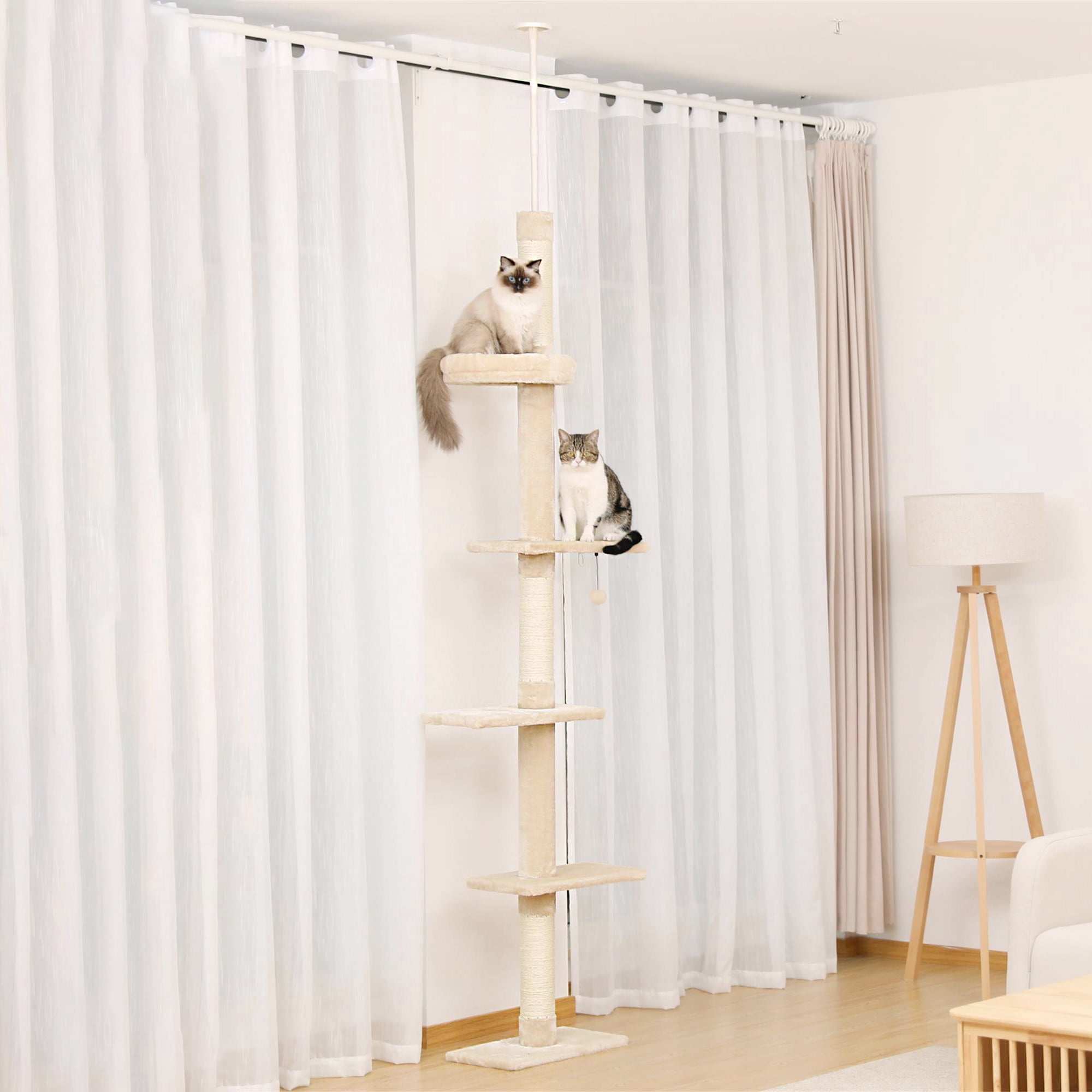 Pefilos Cat Tree Tower Interactive Adjustable 90"-108" Tall, 5-Tier Floor to Ceiling Cat Tower for Indoor Cats, Beige