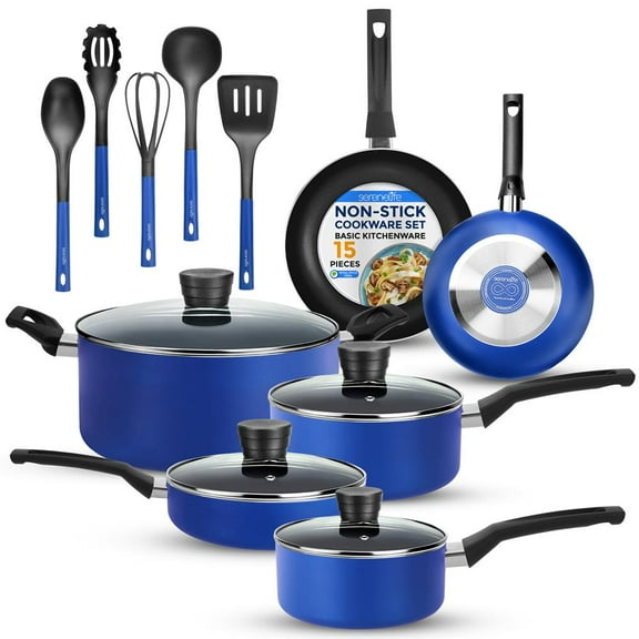 SereneLife 15 Piece Pots and Pans Non Stick Kitchenware Cookware Set, Blue