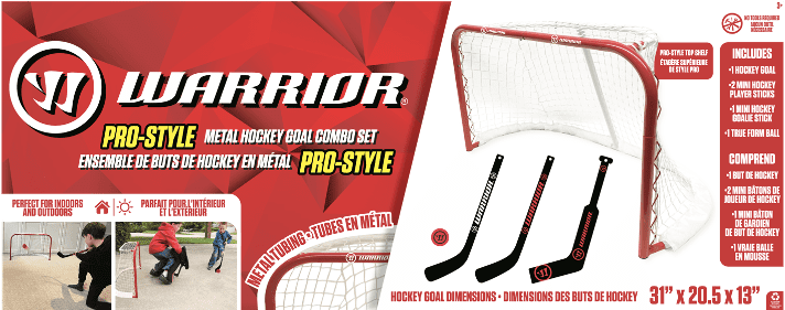 Warrior Pro Mini Metal Hockey Goal Combo Set - 30" Net, 2 Mini Player, 1 Mini Goalie Stick and Ball
