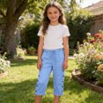 thumbnail image 5 of Twczz Girls Cotton Linen Capris with Pockets- Elastic Waist Casual Quick Dry Straight Leg Kids Beach Pants Light Blue Size 13-14 Years, 5 of 7