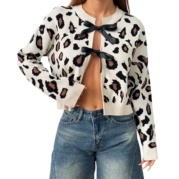 Women Leopard Print Bow Tie Cardigan Sweaters Long Sleeve Crewneck Open Front Knit Chunky Coats Casual Loose Outwear
