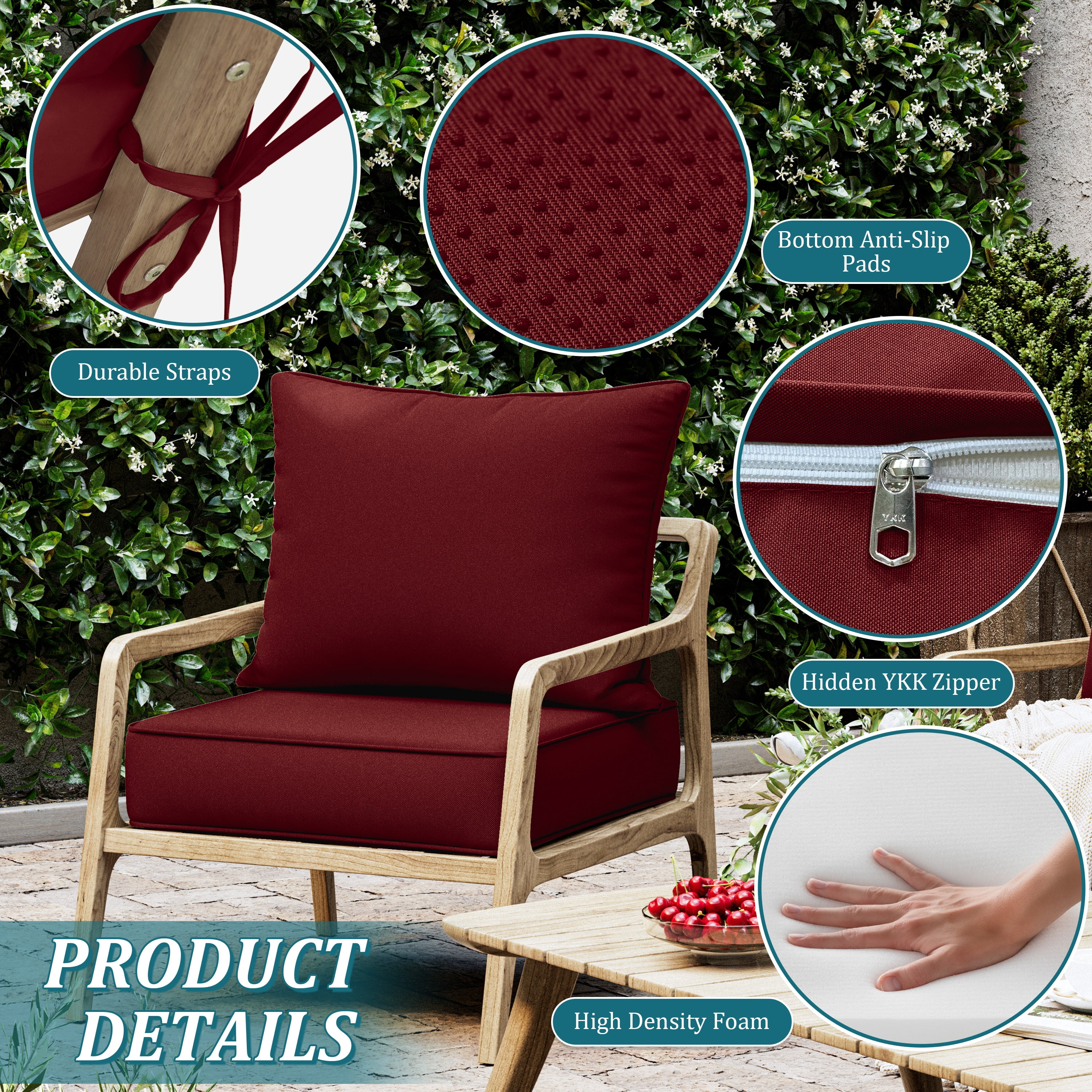 Kimunuk 6 Pack Outdoor Deep Seat Cushion Set, 24" x 24" x 6.5" Patio Furniture Chair Cushions Replacement for Sofa Couch, Burgundy
