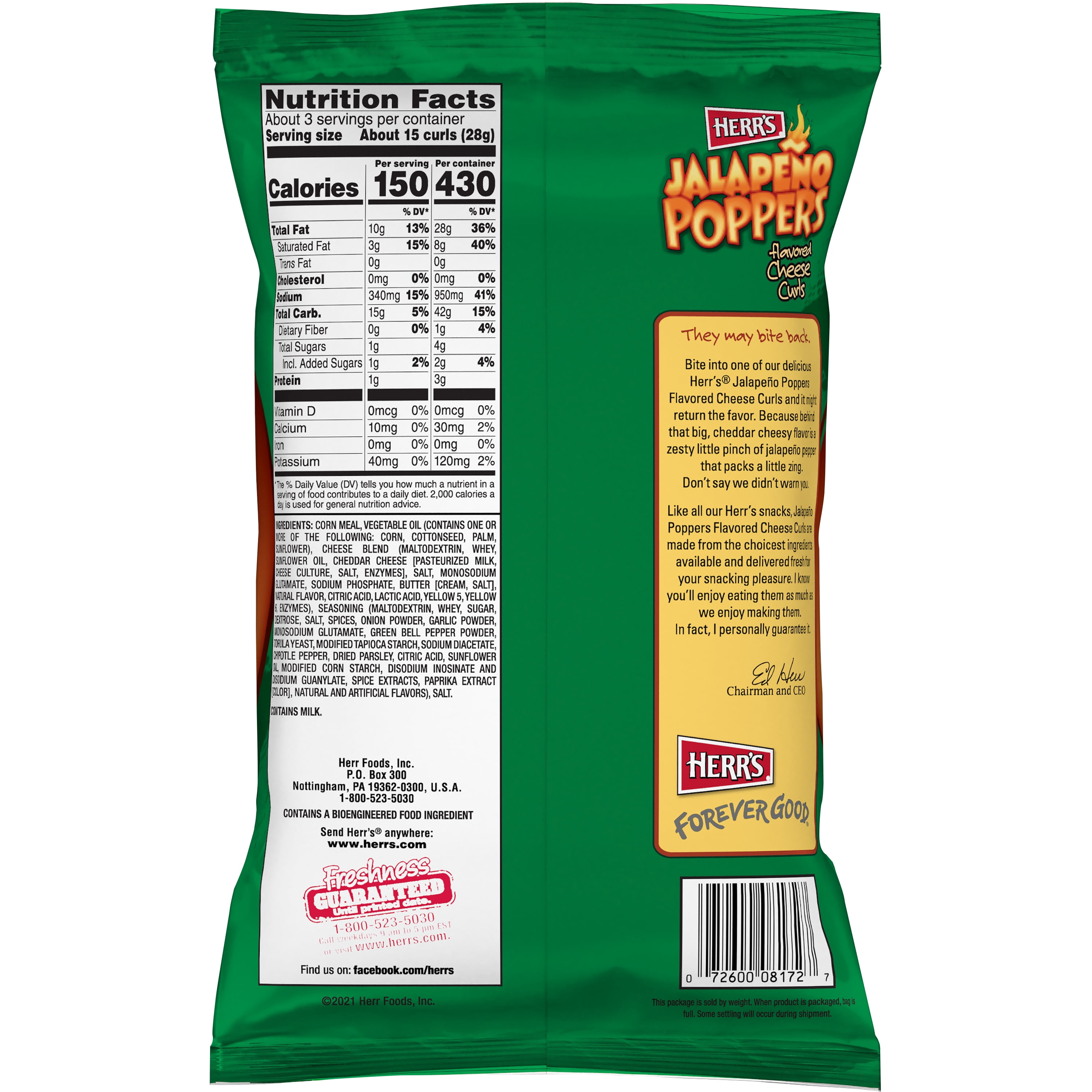 Herr's Jalapeño Poppers Flavored Cheese Curls - 2.75 oz