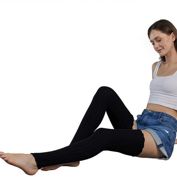 Womens Ribbed Cable Knit Leg Warmers Winter Warm Ruffled Top Stretch Over Knee Thigh High Long Socks Footless Stockings