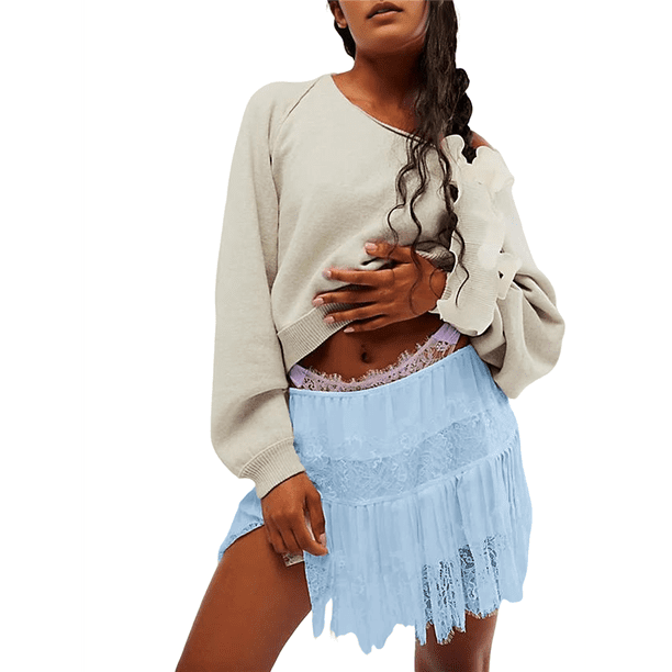 Falda Y2K de Tiro Bajo para Mujer, Plisada, con Volantes y Ribete de Encaje, Corta, Holgada y en . Azul XXL