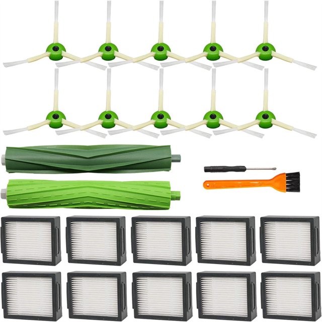 Pack de 21 piezas de repuesto para iRobot Roomba I&E series i7 i7+ i3 i3+ i4 i4+ i6 i6+ i8 i8+/Plus E5 E6 E7 robot aspirador, 1 juego de brocas en caucho multisuperficies, 10 paquetes de filtros, 10 paquetes de brocas laterales Vhermosa D1-CHB-0332