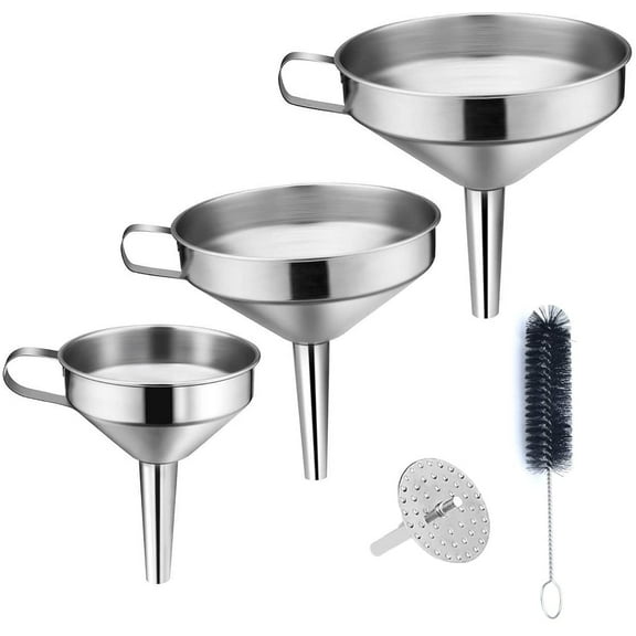 Kitchen Funnel, 3 Piece Stainless Steel Funnels Set with Handle Design and Removable Strainer, Great for Transferring of Liquid, Fluid, Dry Ingredients & Powder, Funnels for Filling Bottles