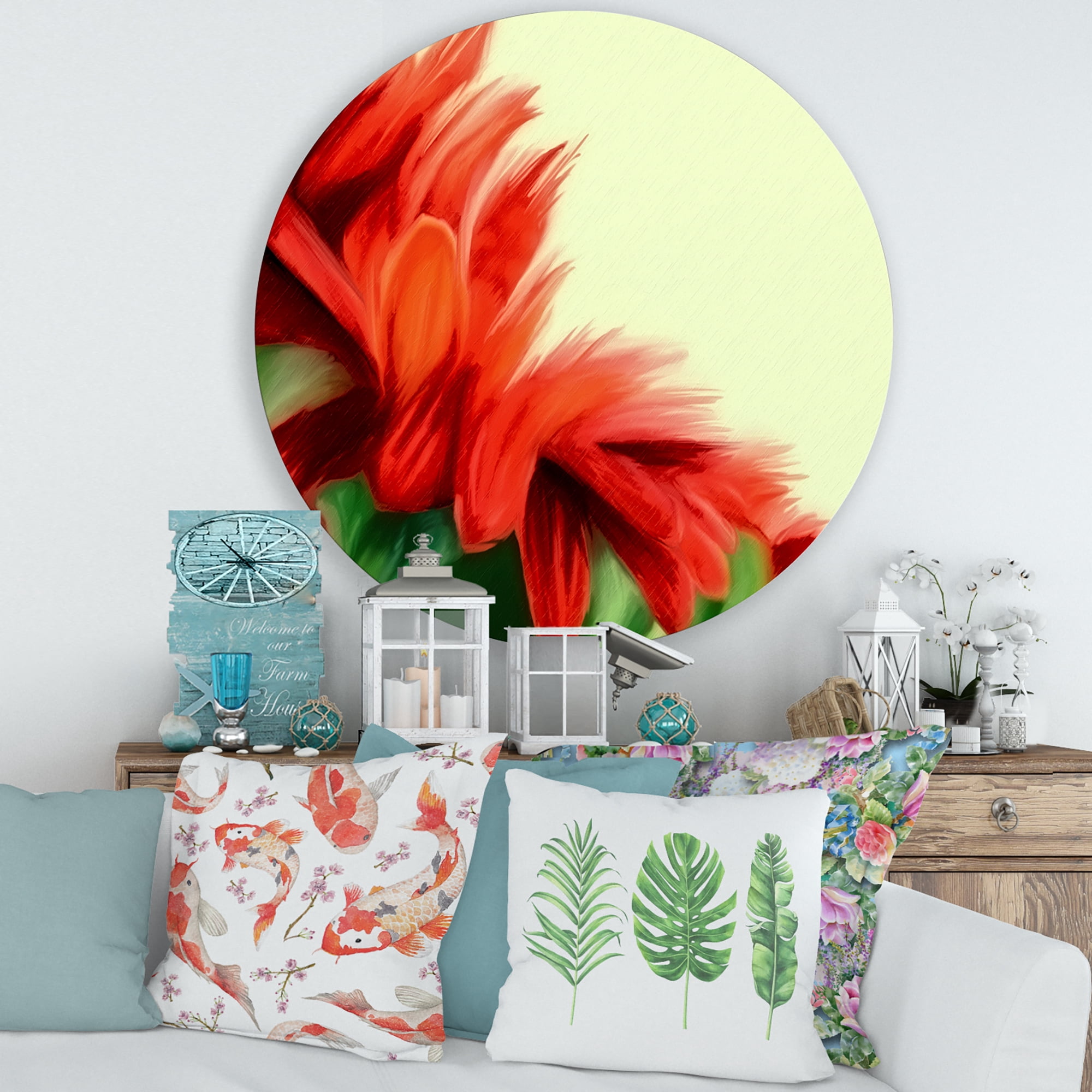 Designart 'Red Floral Brush Strokes On Green' Traditional Circle Metal Wall Art 36x36 - Disc of 36