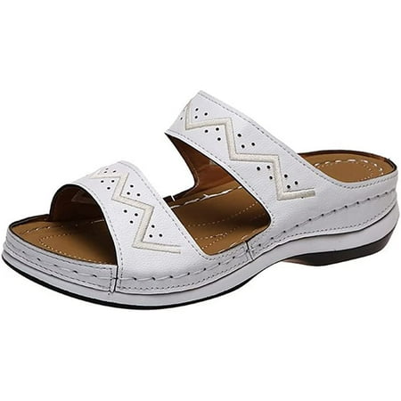 

Pikadingnis Summer Casual Sandals with Wedge Heel Bohemian Open Toe Shoes Sandals with Arch Support Comfortable Fashion Flat Slippers Beach Sandals for Women