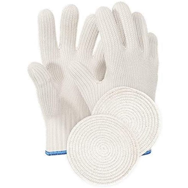Gants de Four Résistants à la Chaleur avec Doigts - 1 Paire de Gants de Cuisine Blancs - Gants en Coton pour Casseroles - Gants de Cuisine Double Four - Collection Limitée - Tapis Ronds en Coton