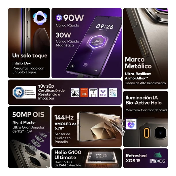 Infinix Note 50 Pro Smartphone - 8+8GB RAM, 256GB, Pantalla 6.78" AMOLED 144Hz, 90W Carga, Negro