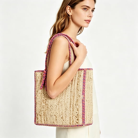 HOZVOMI Women Jute Handbag Large Capacity Beach Tote Bag Bohemian Style Travel Handbag Casual Outdoor Weekend Getaway Hand Washable Fashion Shoulder Bag