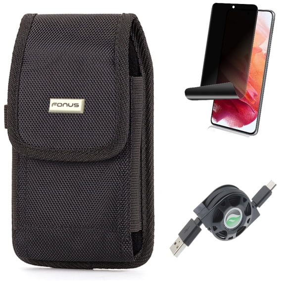 Case Belt Clip w USB Cable w Privacy Screen Protector for Samsung Galaxy S21 Plus - Rugged Holster, Retractable Type-C, TPU Film Fingerprint Works Accessory Bundle