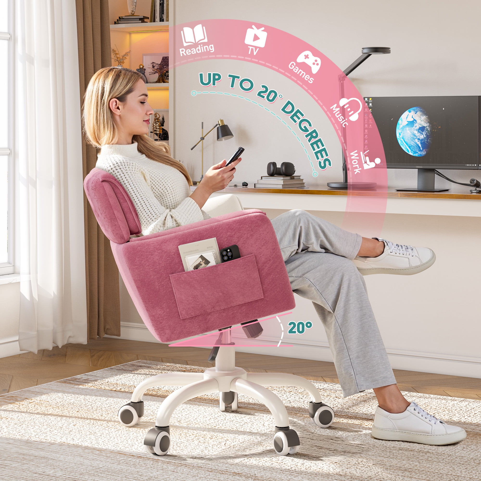 Romorgniz Adjustable Office Chair with Wheels, Soft-Touch Upholstered Desk Chair with Side Pockets, Ergonomic Vanity Chair for Bedroom, Home Office, Pink