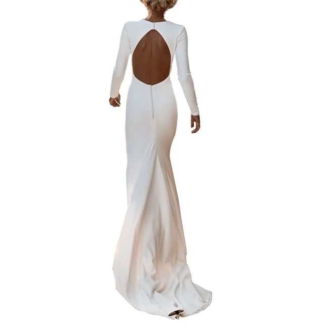 Vestido de novia SHANDUAO satinado sin espalda de manga larga marfil-12