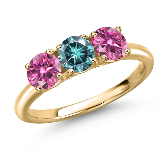 Gem Stone King 10K Yellow Gold Blue Moissanite and Pink Moissanite Engagement Ring for Women | 1.50 Cttw | Round 5MM | Gemstone Birthstone | Size 8