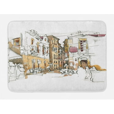 Modern Bath Mat, Painting Artistic Sketchy like Design with Street View Houses Wires Artwork Print, Non-Slip Plush Mat Bathroom Kitchen Laundry Room Decor, 29.5 X 17.5 Inches, Multicolor, Ambesonne