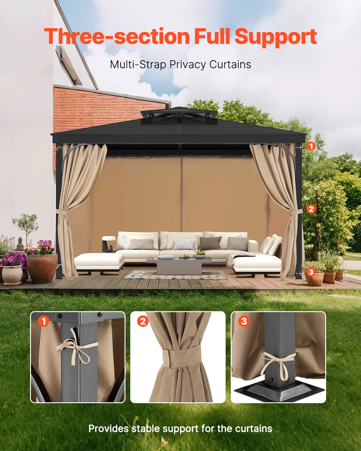 VEVOR Gazebo Curtains Outdoor, 12' x 10' x 7' Gazebos, 4-Panel Sidewall Gazebo Privacy Curtains with Zippers, Outdoor Curtain Replacement for Patio Canopy, Only Curtain, Khaki