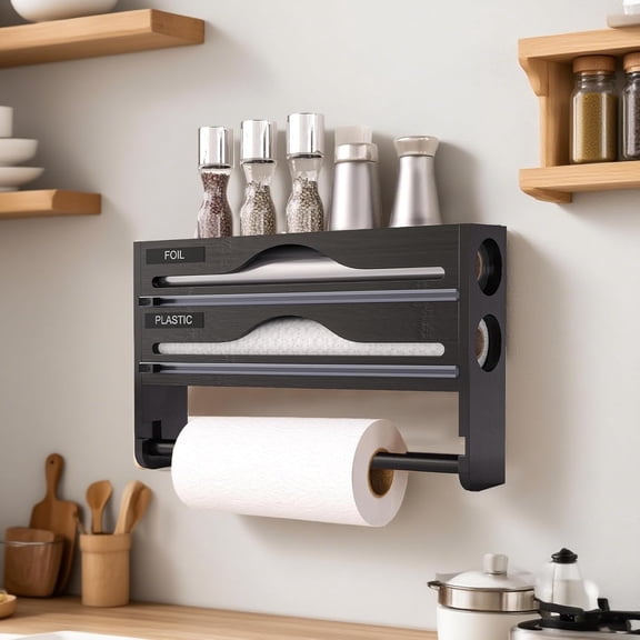 3-in-1 Kitchen Wrap Dispenser, Wall Mount Organizer for Aluminum Foil, Plastic Wrap and Paper Towel, Black Bamboo Holder
