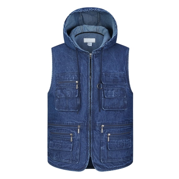 Men's Zipper Multi Pockets Hooded Vest Travel Fishing Utility Work Cargo Vests Denim Blue Jacket