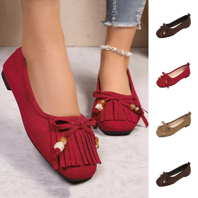 FRSASU Chaussures Plates Rétro à Pampilles pour Femmes Tendance Mode Nœud Élégant Chaussures Mary Jane Dames Confort Mocassins de Designer Rouge