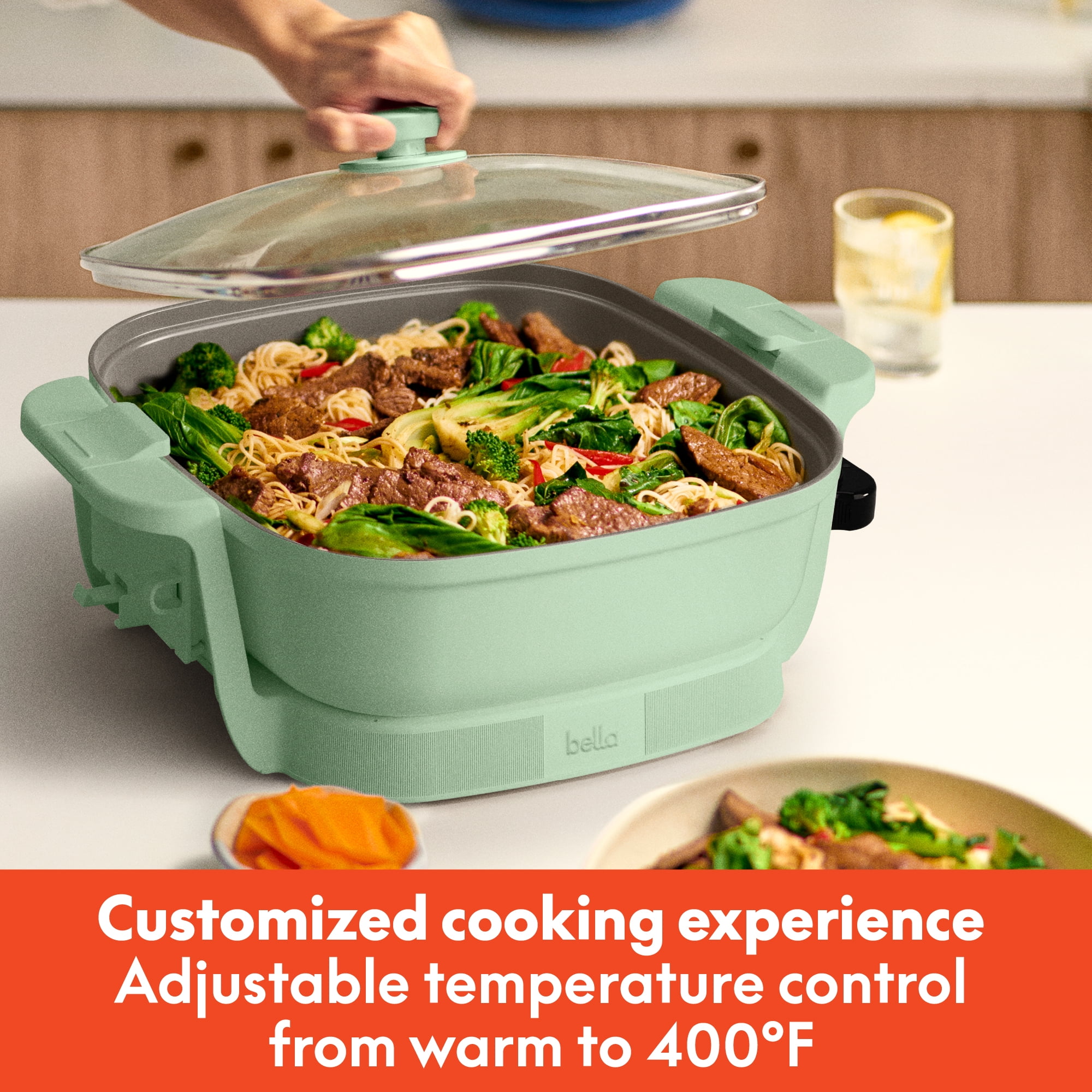 bella 12" Make & Take Electric Skillet with EverGood™ Ceramic Nonstick Coating, Adjustable Temperature, Dishwasher-Safe Glass Lid, Seaglass