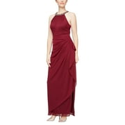 Alex Evenings Long Mesh Dress w/F Beaded Halter Neckline & Cascade Ruffle (Womens, Wine, 8)