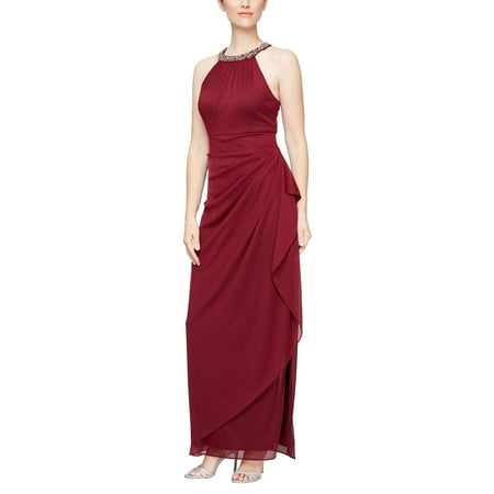 Alex Evenings Long Mesh Dress w/F Beaded Halter Neckline & Cascade Ruffle (Womens, Wine, 8)
